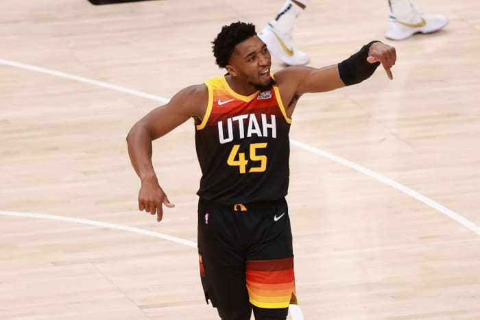 Donovan Mitchell (45) is amped up after hitting a contested three pointer against the Memphis Grizzlies